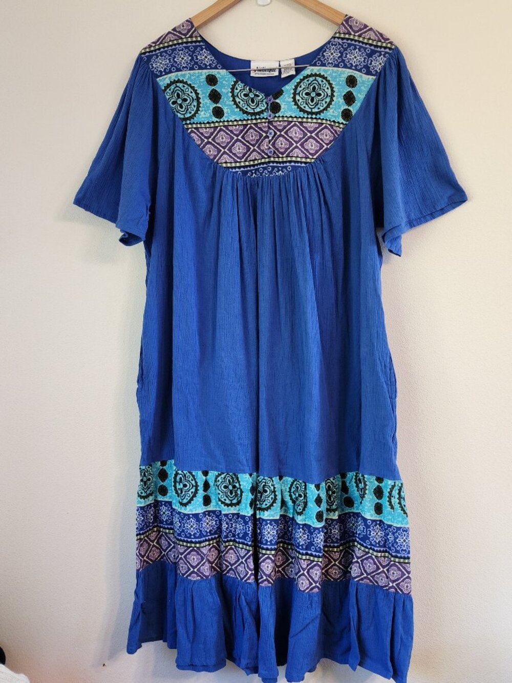 National Midi Dress Blue Crinkle Cotton Short Slv  Women 1X Boho Casual Tropic